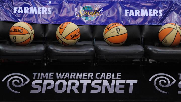 May 22, 2012; Los Angeles, CA, USA; General view of WNBA basketballs on the bench before the game between the Seattle Storm and the Los Angeles Sparks at the Staples Center. Mandatory Credit: Kirby Lee/Image of Sport-Imagn Images