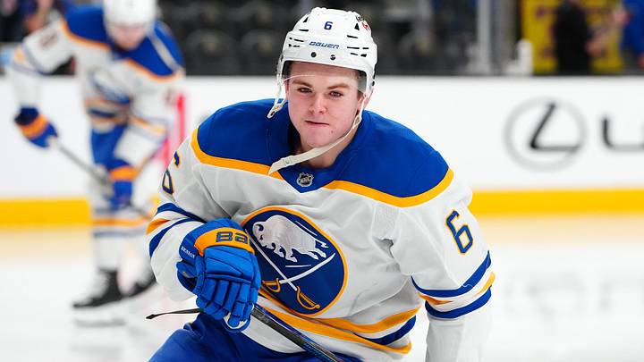 Mar 17, 2026; Las Vegas, Nevada, USA; Buffalo Sabres left wing Zach Benson (6) warms up before a game against the Vegas Golden Knights at T-Mobile Arena.