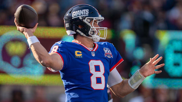 New York Giants quarterback Daniel Jones (8) looks to throw the ball during a game between the New York Giants and the Washington Commanders at MetLife Stadium in East Rutherford on Sunday, Nov. 3, 2024.