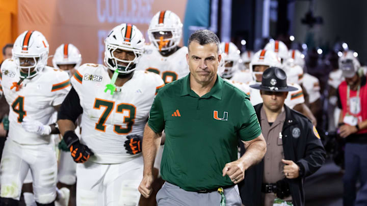 Jan 19, 2026; Miami Gardens, FL, USA; Miami Hurricanes head coach Mario Cristobal against the Indiana Hoosiers during the College Football Playoff National Championship game at Hard Rock Stadium. Mandatory Credit: Mark J. Rebilas-Imagn Images