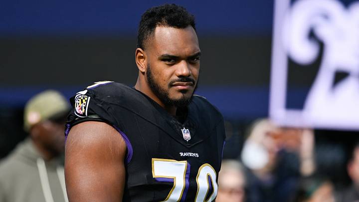 Oct 26, 2025; Baltimore, Maryland, USA;  Baltimore Ravens offensive tackle Ronnie Stanley (79) looks on during warm ups before the game against the Chicago Bears at M&T Bank Stadium. Mandatory Credit: Tommy Gilligan-Imagn Images