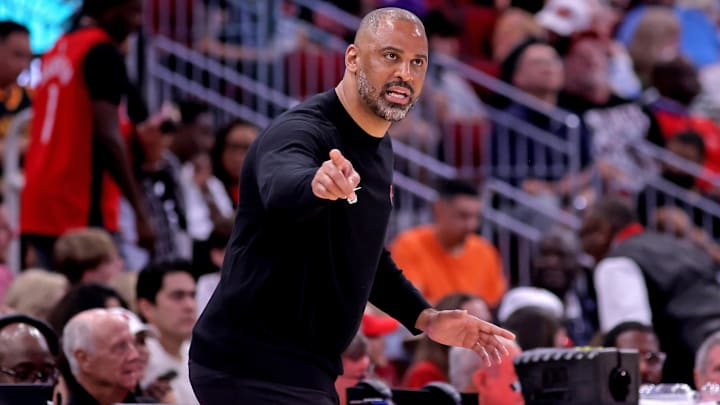 Apr 4, 2025; Houston, Texas, USA; Houston Rockets head coach Ime Udoka on the sidelines against the Oklahoma City Thunder during the second quarter at Toyota Center. Mandatory Credit: Erik Williams-Imagn Images Apr 4, 2025; Houston, Texas, USA; Houston Rockets head coach Ime Udoka on the sidelines against the Oklahoma City Thunder during the second quarter at Toyota Center. Mandatory Credit: Erik Williams-Imagn Images