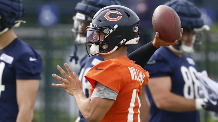 Jul 24, 2025; Lake Forest, IL, USA; Chicago Bears quarterback Caleb Williams (18) passes the ball during training camp at Halas Hall. Mandatory Credit: Kamil Krzaczynski-Imagn Images Jul 24, 2025; Lake Forest, IL, USA; Chicago Bears quarterback Caleb Williams (18) passes the ball during training camp at Halas Hall. Mandatory Credit: Kamil Krzaczynski-Imagn Images
