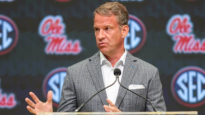 Jul 14, 2025; Atlanta, GA, USA; Ole Miss Rebels head coach Lane Kiffin speaks to the media during SEC Media Day at Omni Atlanta Hotel. Mandatory Credit: Jordan Godfree-Imagn Images Jul 14, 2025; Atlanta, GA, USA; Ole Miss Rebels head coach Lane Kiffin speaks to the media during SEC Media Day at Omni Atlanta Hotel. Mandatory Credit: Jordan Godfree-Imagn Images