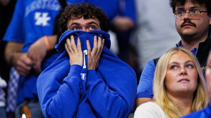 Jan 7, 2026; Lexington, Kentucky, USA; Kentucky Wildcats fans react to the action at the end of second half against the Missouri Tigers at Rupp Arena at Central Bank Center. Mandatory Credit: Jordan Prather-Imagn Images