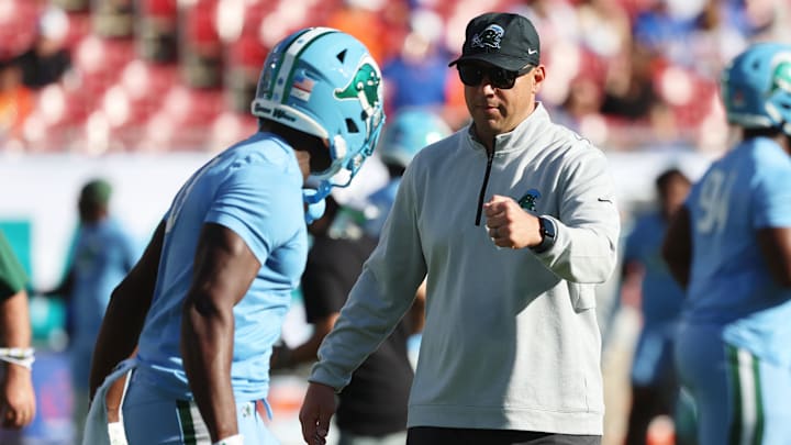 Dec 20, 2024; Tampa, FL, USA; Tulane Green Wave head coach Jon Sumrall against the Florida Gators prior to the game at Raymond James Stadium. 