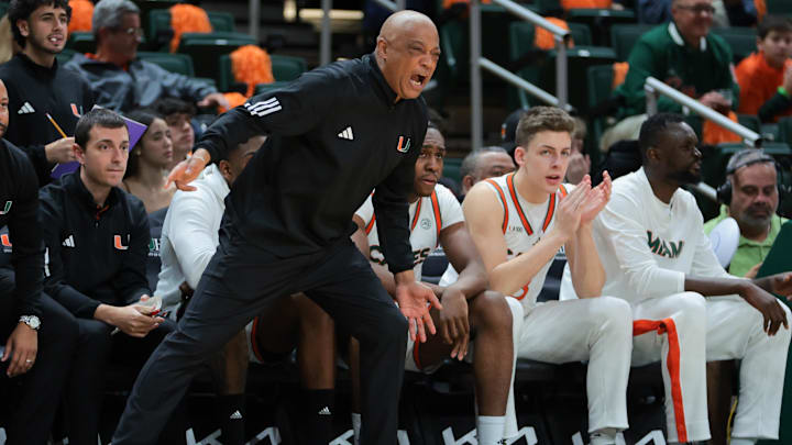 Jan 8, 2025; Coral Gables, Florida, USA; Miami Hurricanes interim head coach Bill Courtney reacts from the sideline against the Florida State Seminoles during the first half at Watsco Center. Mandatory Credit: Sam Navarro-Imagn Images