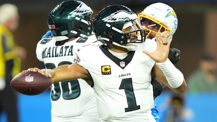 Dec 8, 2025; Inglewood, California, USA; Philadelphia Eagles quarterback Jalen Hurts (1) passes against the Los Angeles Chargers in the first half at SoFi Stadium. Mandatory Credit: Kirby Lee-Imagn Images Dec 8, 2025; Inglewood, California, USA; Philadelphia Eagles quarterback Jalen Hurts (1) passes against the Los Angeles Chargers in the first half at SoFi Stadium. Mandatory Credit: Kirby Lee-Imagn Images