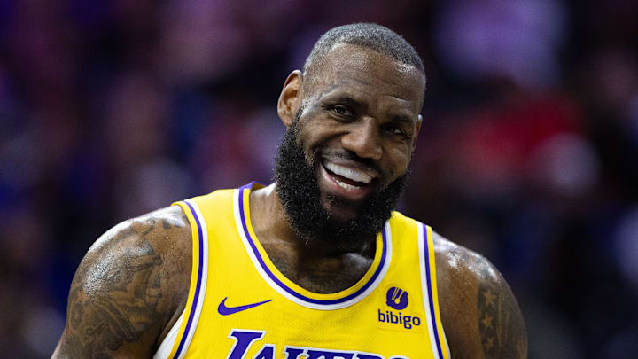 Nov 27, 2023: Los Angeles Lakers forward LeBron James smiles after a Philadelphia 76ers foul during the first quarter at the Wells Fargo Center.