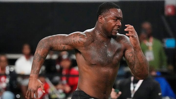 Former Georgia defensive lineman Mykel Williams runs a drill during UGA Footballs Pro Day in Athens, Ga., on Wednesday, March 12, 2025. Representatives from all 32 NFL teams are on hand to watch former UGA football players in action.