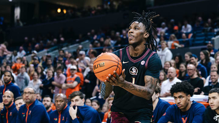 Mar 4, 2025; Charlottesville, Virginia, USA; Florida State Seminoles guard Jamir Watkins (1) shoots the ball in the first half against the Virginia Cavaliers at John Paul Jones Arena. Mandatory Credit: Emily Faith Morgan-Imagn Images