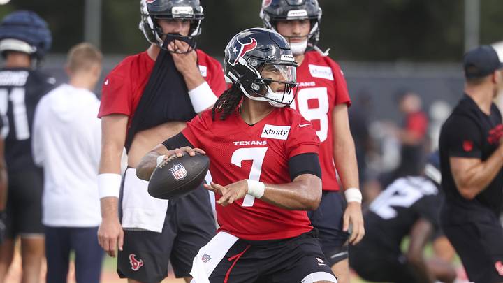 Jul 23, 2025; Houston, TX, USA;  Houston Texans quarterback C.J. Stroud (7) during training camp at Houston Methodist Training Center. Mandatory Credit: Troy Taormina-Imagn Images