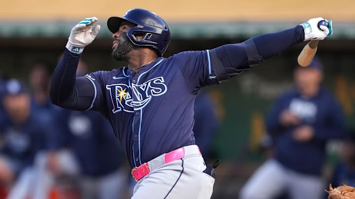 Tampa Bay Rays first baseman Yandy Diaz (2) bats against the Oakland Athletics during the first inning at Oakland-Alameda County Coliseum.