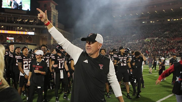 Sep 28, 2024; Lubbock, Texas, USA;  Texas Tech Red Raiders head coach Joey McGuire after the game against the Cincinnati Bearcats at Jones AT&T Stadium and Cody Campbell Field. Mandatory Credit: Michael C. Johnson-Imagn Images