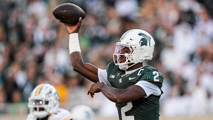 Michigan State quarterback Aidan Chiles (2) makes a pass against Western Michigan during the first half at Spartan Stadium in East Lansing on Friday, August 29, 2025.