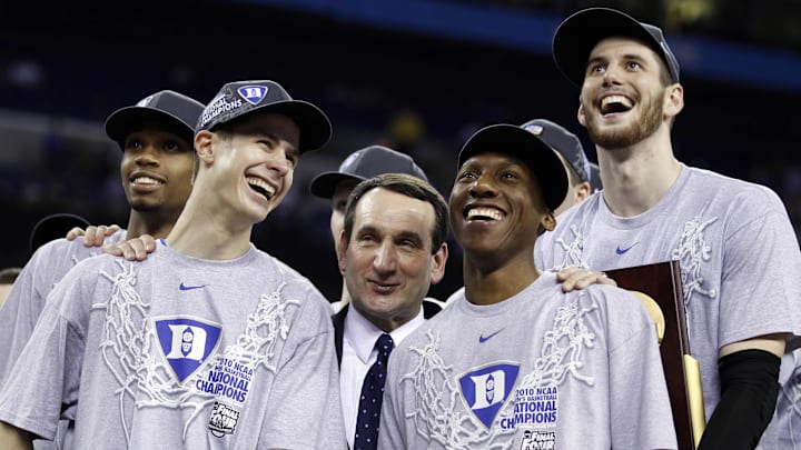 Apr 5, 2010; Indianapolis, IN, USA; Duke Blue Devils guard Jon Scheyer (second left) and center