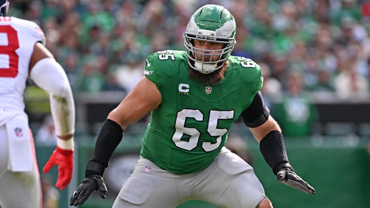 Oct 26, 2025; Philadelphia, Pennsylvania, USA; Philadelphia Eagles offensive tackle Lane Johnson (65) against the New York Giants at Lincoln Financial Field. 