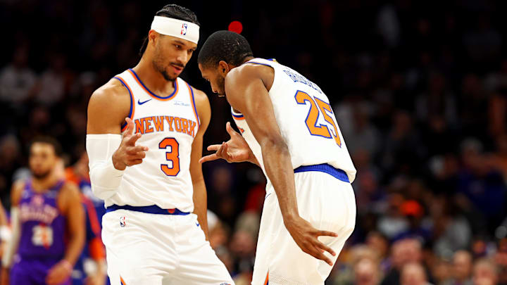 Nov 20, 2024; Phoenix, Arizona, USA; New York Knicks guard Josh Hart (3) and forward Mikal Bridges (25) greet each other before playing against the Phoenix Suns at Footprint Center. Mandatory Credit: Mark J. Rebilas-Imagn Images Nov 20, 2024; Phoenix, Arizona, USA; New York Knicks guard Josh Hart (3) and forward Mikal Bridges (25) greet each other before playing against the Phoenix Suns at Footprint Center. Mandatory Credit: Mark J. Rebilas-Imagn Images