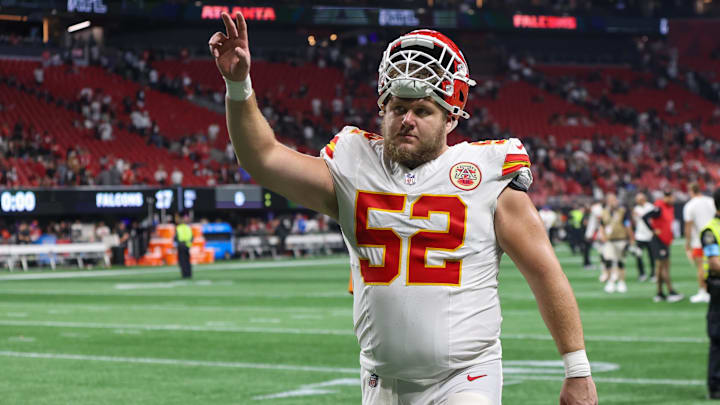 Sep 22, 2024; Atlanta, Georgia, USA; Kansas City Chiefs center Creed Humphrey (52) celebrates after a victory over the Atlanta Falcons at Mercedes-Benz Stadium. Mandatory Credit: Brett Davis-Imagn Images
