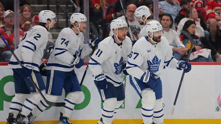 May 16, 2025; Sunrise, Florida, USA; Toronto Maple Leafs left wing Max Pacioretty (67) celebrates with teammates after scoring against the Florida Panthers during the third period in game six of the second round of the 2025 Stanley Cup Playoffs at Amerant Bank Arena. Mandatory Credit: Sam Navarro-Imagn Images