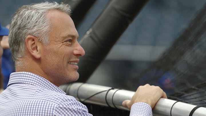 Aug 24, 2023; Pittsburgh, Pennsylvania, USA;  Chicago Cubs president Jed Hoyer looks on at the batting cage before the game against the Pittsburgh Pirates at PNC Park