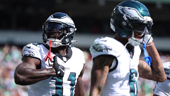 Sep 21, 2025; Philadelphia, Pennsylvania, USA; Philadelphia Eagles wide receiver AJ. Brown (11) reacts after scoring a touchdown against the Los Angeles Rams during the first half at Lincoln Financial Field. Mandatory Credit: Bill Streicher-Imagn Images