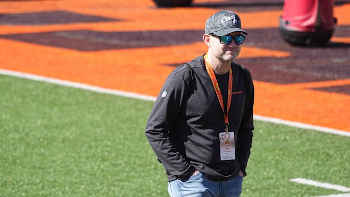 Bengals Director of Player Personnel Duke Tobin watches practices during the 2024 Senior Bowl in Mobile Alabama on Tuesday January 30, 2024.