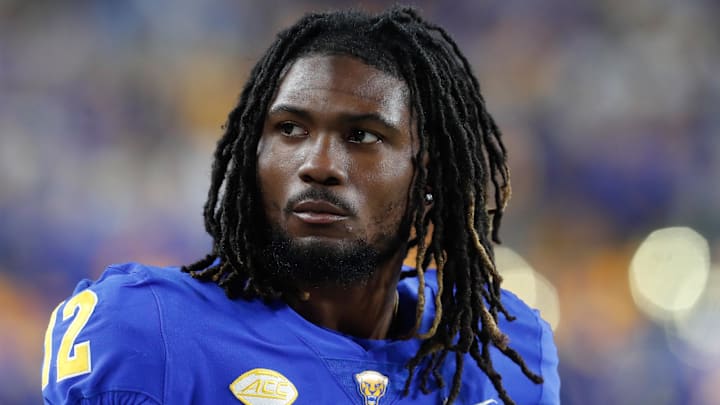 Nov 16, 2023; Pittsburgh, Pennsylvania, USA;  Pittsburgh Panthers defensive back M.J. Devonshire (12) on the sidelines against the Boston College Eagles at Acrisure Stadium. Mandatory Credit: Charles LeClaire-Imagn Images