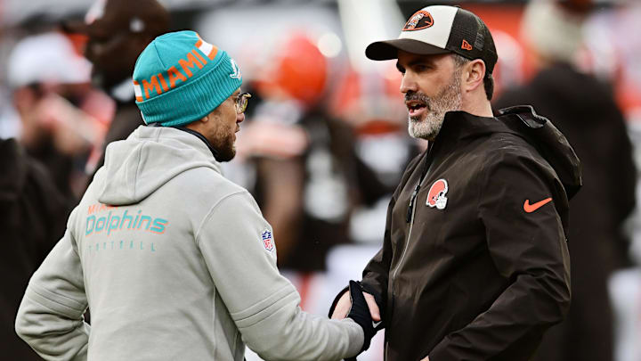 Cleveland Browns head coach Kevin Stefanski, right, shakes hands with Miami Dolphins head coach Mike McDaniel before the game at Huntington Bank Field. Cleveland Browns head coach Kevin Stefanski, right, shakes hands with Miami Dolphins head coach Mike McDaniel before the game at Huntington Bank Field.