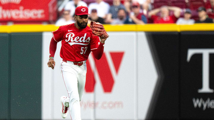 Cincinnati Reds right fielder Rece Hinds (57) catches a fly ball in the fifth inning between the Cincinnati Reds and the San Francisco Giants at Great American Ball in Cincinnati on Tuesday, April 14, 2026.