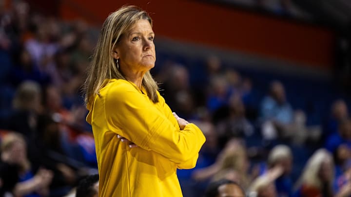 Missouri Tigers head coach Robin Pingeton looks on against the Florida Gators during the first half at Billy Donovan Court at Exactech Arena in Gainesville, FL on Thursday, February 22, 2024. [Matt Pendleton/Gainesville Sun]