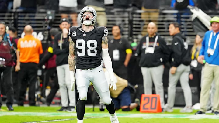 Oct 12, 2025; Paradise, Nevada, USA; Las Vegas Raiders defensive end Maxx Crosby (98) reacts after a play during the second half against the Tennessee Titans at Allegiant Stadium. Mandatory Credit: Stephen R. Sylvanie-Imagn Images
