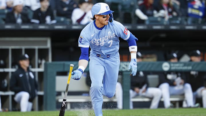 May 14, 2026; Chicago, Illinois, USA; Kansas City Royals shortstop Bobby Witt Jr. (7) runs after hitting a single against the Chicago White Sox during the first inning at Rate Field. Mandatory Credit: Kamil Krzaczynski-Imagn Images