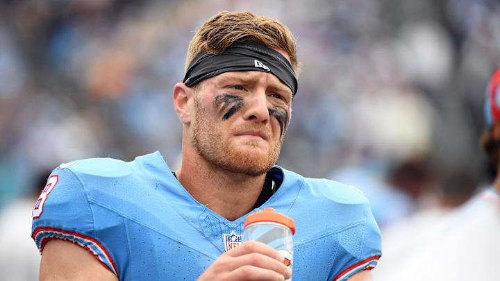 Oct 29, 2023; Nashville, Tennessee, USA; Tennessee Titans quarterback Will Levis (8) on the sideline after a touchdown pass during the first half against the Atlanta Falcons at Nissan Stadium.