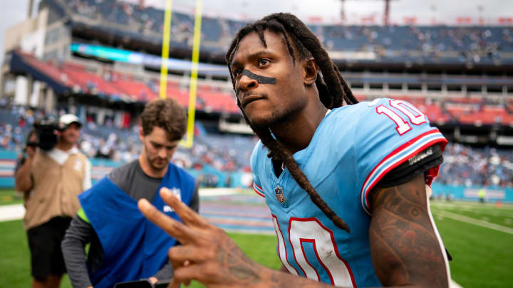 Tennessee Titans wide receiver DeAndre Hopkins (10) celebrates after defeating the Atlanta Falcons at Nissan Stadium in Nashville, Tenn., Sunday, Oct. 29, 2023.
