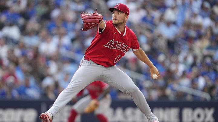 Jul 5, 2025; Toronto, Ontario, CAN; Los Angeles Angels pitcher Reid Detmers (48) pitches to the Toronto Blue Jays during the eighth inning at Rogers Centre. Mandatory Credit: John E. Sokolowski-Imagn Images