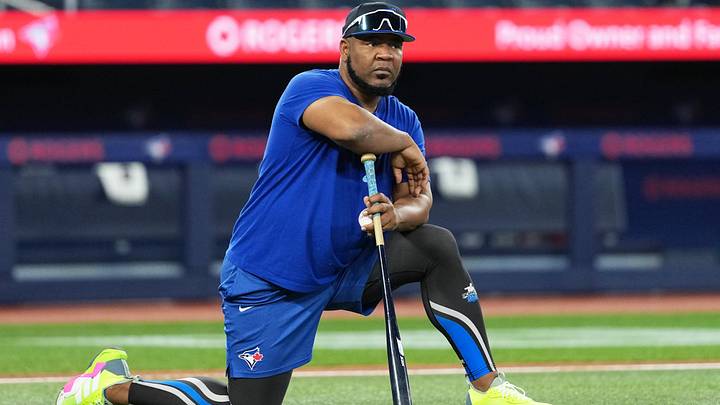 May 18, 2025; Toronto, Ontario, CAN; Former player and assistant to the Toronto Blue Jays coaching staff Edwin Encarnacion watches batting practice before a game against the Detroit Tigers at Rogers Centre. Mandatory Credit: Nick Turchiaro-Imagn Images