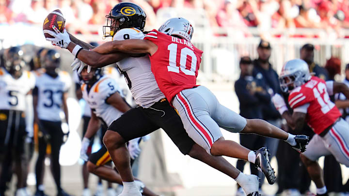 Ohio State Buckeyes safety Faheem Delane (10) defends Grambling State Tigers tight end Covadis Knighten (9) during the second half of the NCAA football game at Ohio Stadium on Sept. 6, 2025. Ohio State won 70-0.