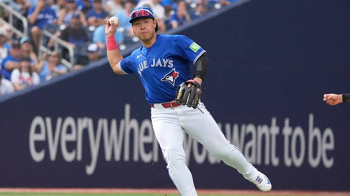 Sep 13, 2026; Toronto, Ontario, CAN; Toronto Blue Jays third baseman Kazuma Okamoto (7) throws out Baltimore Orioles second baseman Jackson Holliday (not pictured) at first base during the eighth inning at Rogers Centre. Mandatory Credit: John E. Sokolowski-Imagn Images Sep 13, 2026; Toronto, Ontario, CAN; Toronto Blue Jays third baseman Kazuma Okamoto (7) throws out Baltimore Orioles second baseman Jackson Holliday (not pictured) at first base during the eighth inning at Rogers Centre. Mandatory Credit: John E. Sokolowski-Imagn Images
