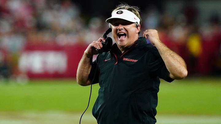 Sep 28, 2024; Tuscaloosa, Alabama, USA;  Georgia Bulldogs head coach Kirby Smart reacts during the first half against the Alabama Crimson Tide at Bryant-Denny Stadium. Mandatory Credit: John David Mercer-Imagn Images