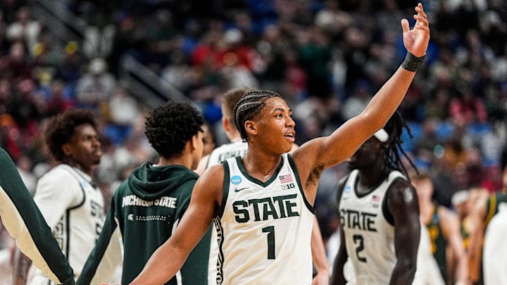 Michigan State guard Jeremy Fears Jr. (1) celebrates a play against North Dakota State during the first half of NCAA Tournament First Round at KeyBank Center in Buffalo on Thursday, March 19, 2026. Michigan State guard Jeremy Fears Jr. (1) celebrates a play against North Dakota State during the first half of NCAA Tournament First Round at KeyBank Center in Buffalo on Thursday, March 19, 2026.