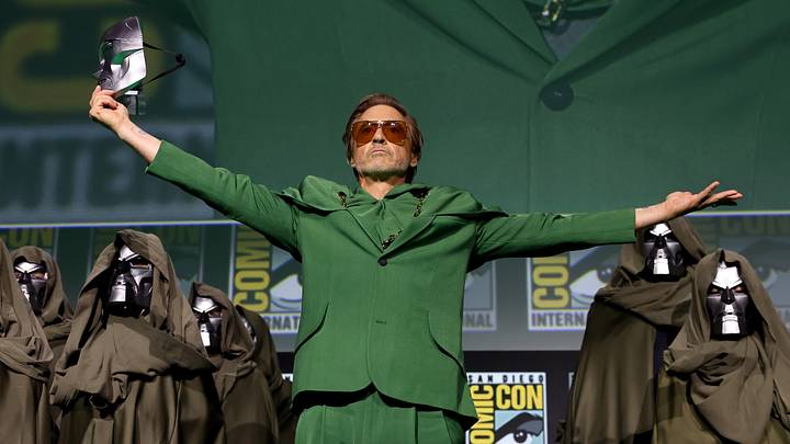 Robert Downey Jr. speaks onstage during the Marvel Studios Panel in Hall H at SDCC in San Diego, California on July 27, 2024