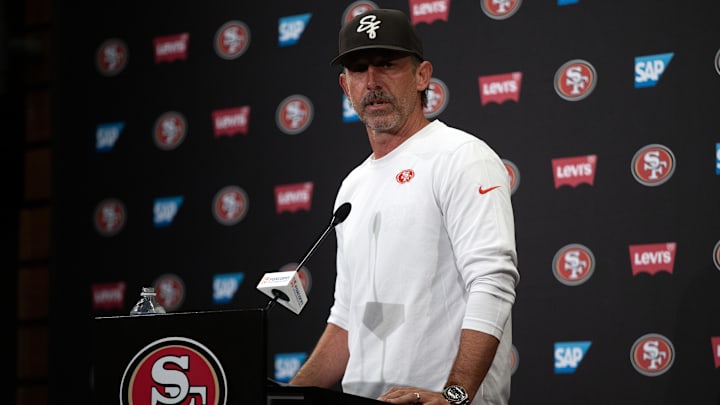 Jun 10, 2025; Santa Clara, CA, USA; San Francisco 49ers head coach Kyle Shanahan speaks to the media following an OTA at Levi's Stadium.