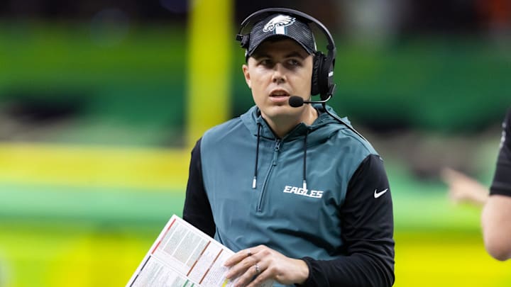 Feb 9, 2025; New Orleans, LA, USA;  Philadelphia Eagles offensive coordinator Kellen Moore against the Kansas City Chiefs during Super Bowl LIX at Ceasars Superdome. Mandatory Credit: Mark J. Rebilas-Imagn Images