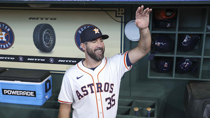 Mar 28, 2024; Houston, Texas, USA; Houston Astros starting pitcher Justin Verlander (35) waves
