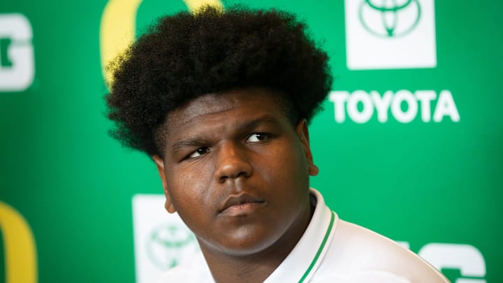Oregon offensive lineman Josh Conerly Jr. speaks during Oregon football’s media day Monday, July 29, 2024 at Autzen Stadium in Eugene, Ore.
