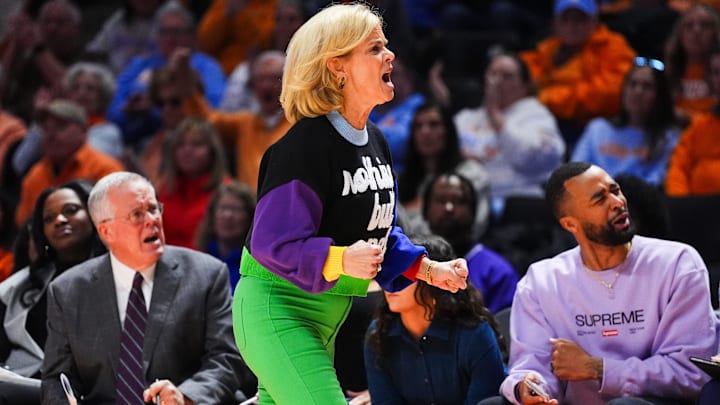 LSU head coach Kim Mulkey and the LSU bench doesn't like a foul call during a women's college basketball game between the Lady Vols and LSU at Thompson-Boling Arena at Food City Center on Thursday, Jan. 9, 2025.