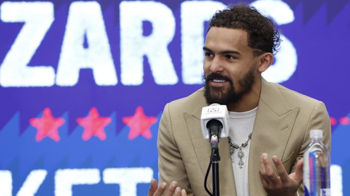 Jan 9, 2026; Washington, District of Columbia, USA; Newly acquired Washington Wizards guard Trae Young speaks at an introductory press conference prior to the Wizards' game against the New Orleans Pelicans at Capital One Arena.