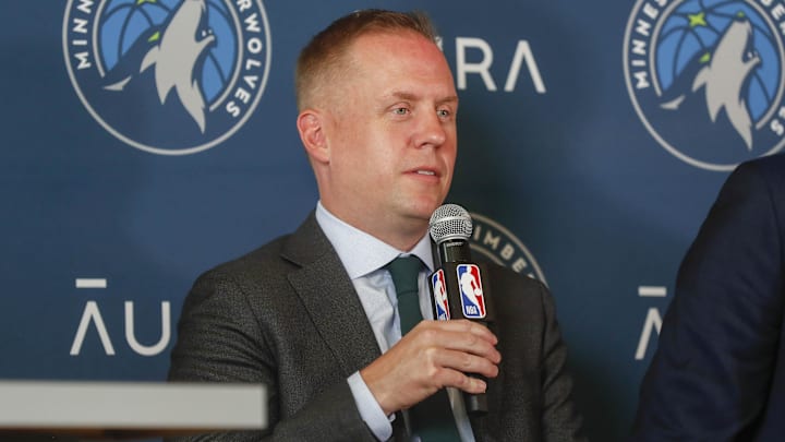 Jun 28, 2022; Minneapolis, MN, USA; Minnesota Timberwolves president of basketball operations Tim Connelly answers questions at a press conference to introduce the 2022 draft picks at Target Center. Jun 28, 2022; Minneapolis, MN, USA; Minnesota Timberwolves president of basketball operations Tim Connelly answers questions at a press conference to introduce the 2022 draft picks at Target Center.