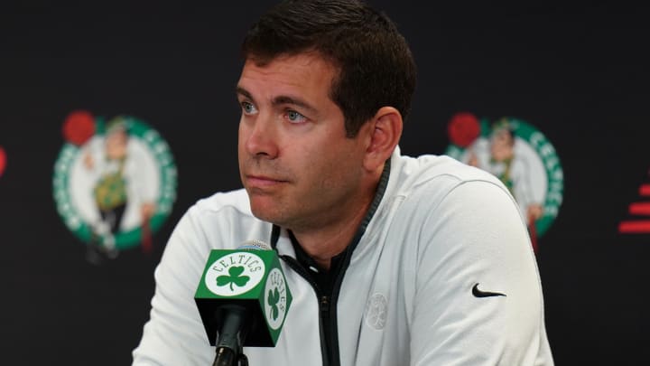 Oct 2, 2023; Boston, Celtics, USA; Boston Celtics president of basketball operations Brad Stevens talks during Boston Celtics Media Day. 